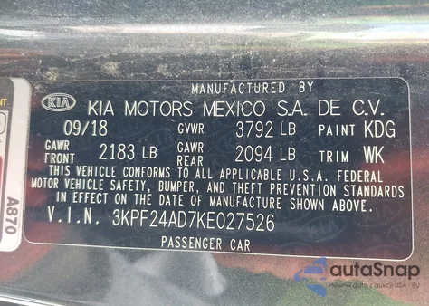 2019 Kia Forte Lxs из США, поврежденный, VIN 3KPF24AD7KE027526